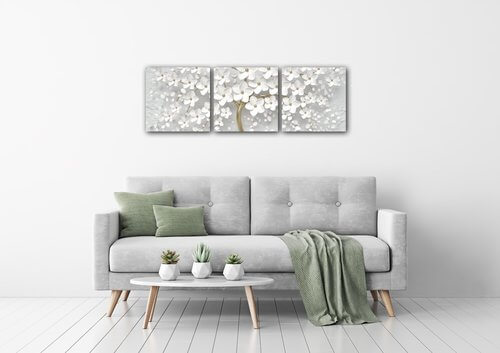 Tablou White tree with flowers - 90 x 30 cm (3-piese)