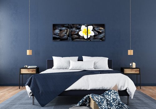 Tablou White blossom on black stones - 90 x 30 cm (3-piese)