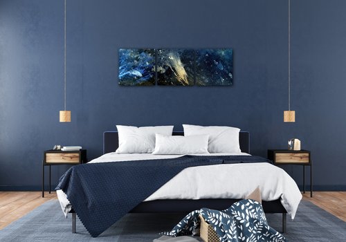 Tablou Dark blue gold abstrakt - 90 x 30 cm (3-piese)