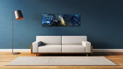 Tablou Dark blue gold abstrakt - 90 x 30 cm (3-piese)