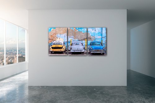 Tablou Old blue cars - 120 x 60 cm (3-piese)