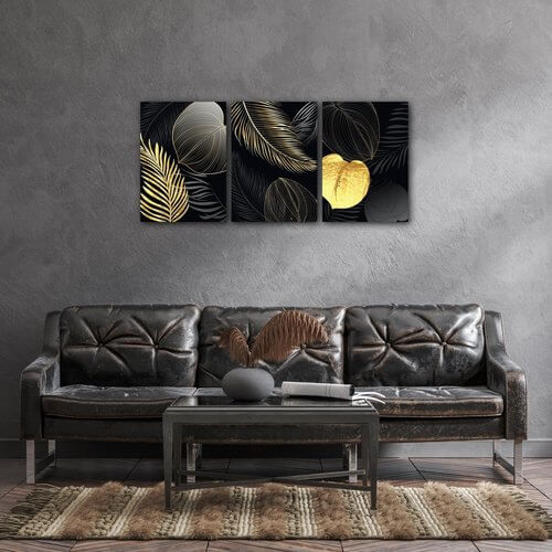 Tablou Gold and black flowers abstract - 150 x 70 cm (3-piese)