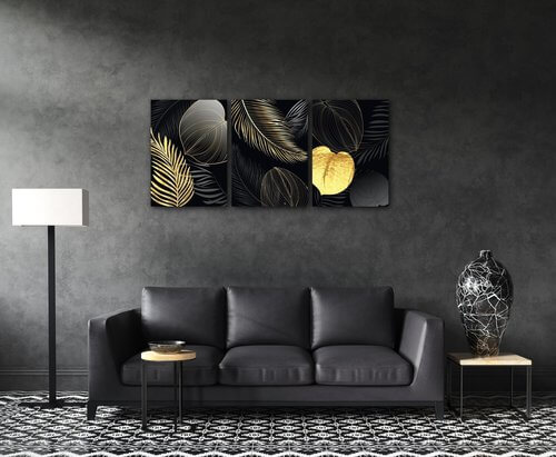 Tablou Gold and black flowers abstract - 150 x 70 cm (3-piese)