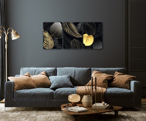 Tablou Gold and black flowers abstract - 150 x 70 cm (3-piese)