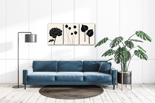 Tablou Black flowers on background - 150 x 70 cm (3-piese)
