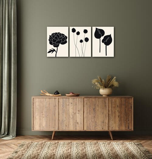 Tablou Black flowers on background - 150 x 70 cm (3-piese)