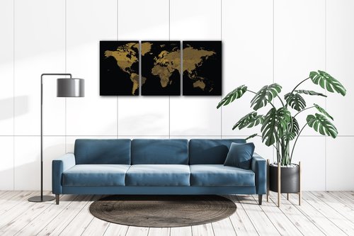 Tablou World map golden black - 150 x 70 cm (3-piese)
