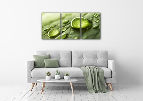 Tablou Drops of water on the leaf - 150 x 70 cm (3-piese)