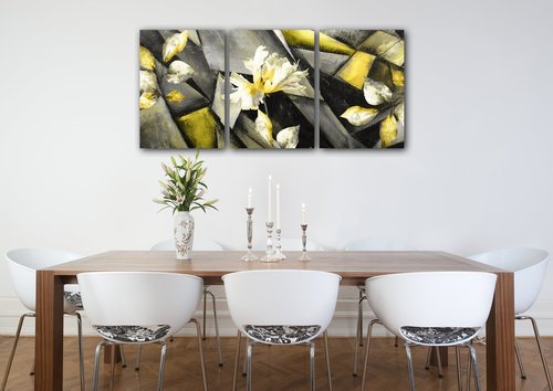 Tablou Grey and yellow abstract with flower - 150 x 70 cm (3-piese)