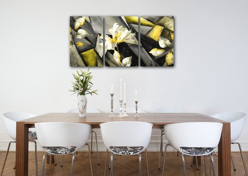 Tablou Grey and yellow abstract with flower - 120 x 60 cm (3-piese)