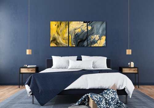 Tablou Yellow grey abstract2 - 150 x 70 cm (3-piese)