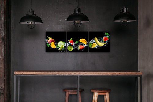 Tablou Fruit black background - 90 x 30 cm (3-piese)