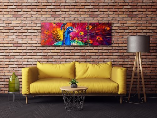 Tablou Colorful Peacock - 90 x 30 cm (3-piese)