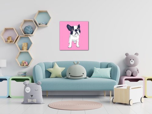 Tablou Frenchie pink background - 50 x 50 cm