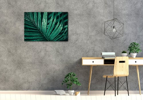 Tablou Green leaf with drops of water - 90 x 60 cm