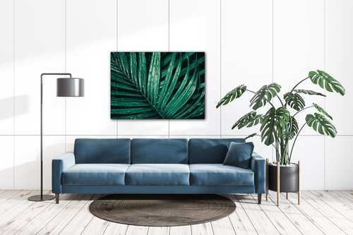 Tablou Green leaf with drops of water - 70 x 50 cm