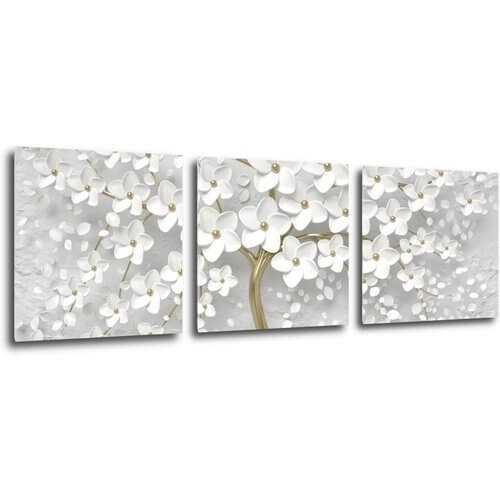 Tablou White tree with flowers - 90 x 30 cm (3-piese)