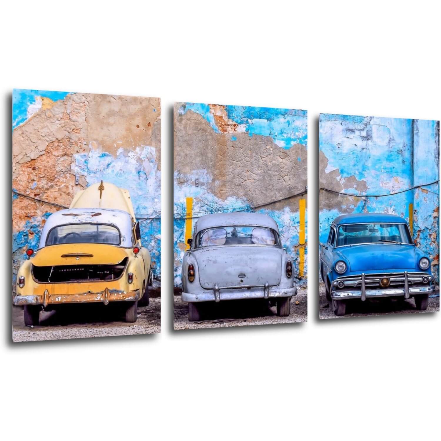 Tablou Old blue cars - 120 x 60 cm (3-piese)