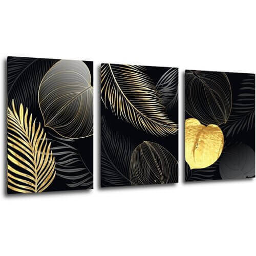 Tablou Gold and black flowers abstract