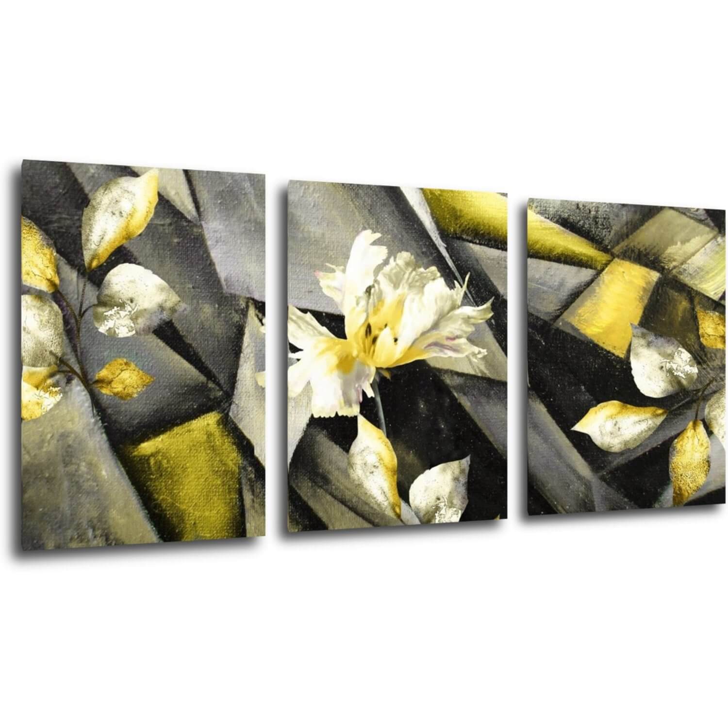 Tablou Grey and yellow abstract with flower - 150 x 70 cm (3-piese)