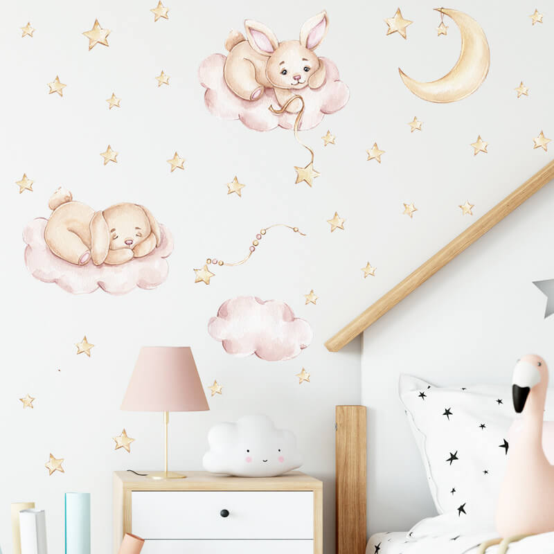 Autocolant pentru camera copilului Rabbits and pink clouds