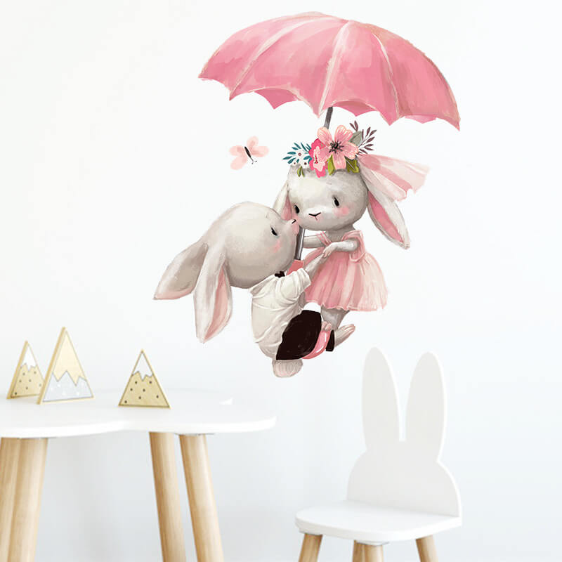 Autocolant pentru camera copilului Bunnies with umbrella