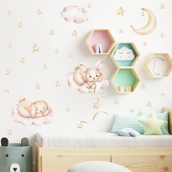 Autocolant pentru camera copilului Rabbits and pink clouds