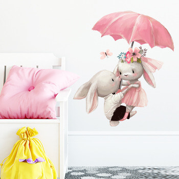 Autocolant pentru camera copilului Bunnies with umbrella