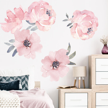 Autocolant pentru camera copilului Pink flowers with leafes