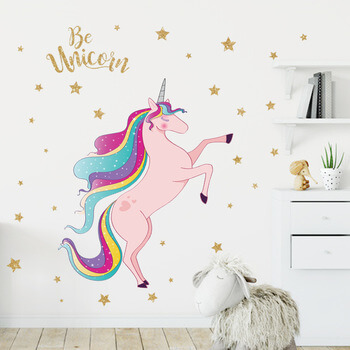 Autocolant pentru camera copilului Pink Unicorn with stars