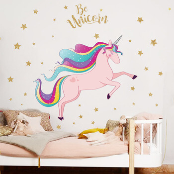 Autocolant pentru camera copilului Pink Unicorn with stars