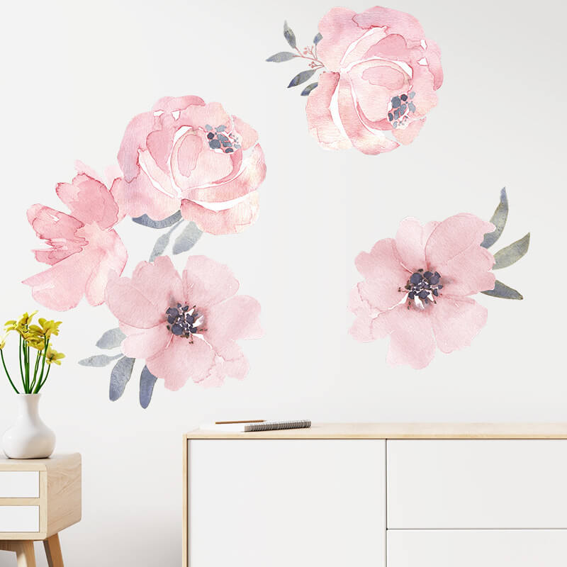 Autocolant pentru camera copilului Pink flowers with leafes